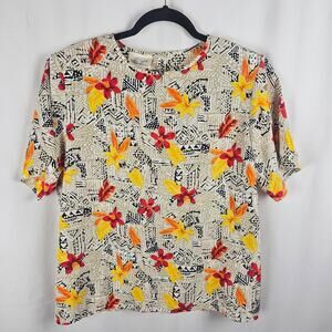 Kathie Lee Vintage 90s Abstract Floral Short Sleeve Blouse Womens 12 USA